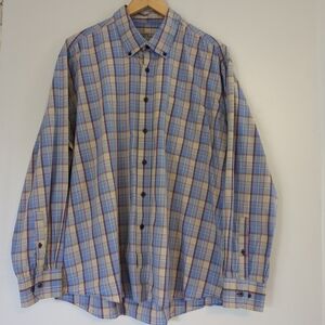 Alan Flusser Shirt Mens XXL Blue and Tan Plaid Casual Buisness Cotton Long